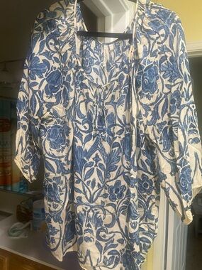 grand & greene Blue and White Floral Peasant Blouse